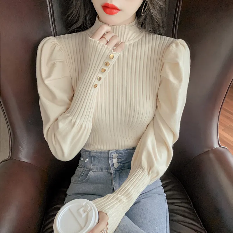 New 2022 Knit for Women French Style Long Puff Sleeve Button Decor Stand Collar Knitwear Blouse Solid Color Girls Casual Tops