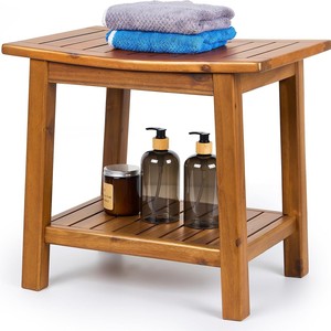 Solid Wood Double Layer <b>Storage</b> <b>Stool</b> Teak Color Rustic Design Home <b>Stool</b> Ottoman - Product Image 1