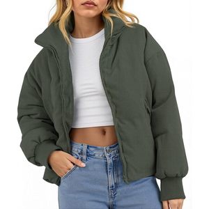 Fisoew Womens Winter Corduroy <b>Puffer</b> <b>Jacket</b> <b>Cropped</b> Quilted Coat Full Sleeve Windproof - Product Image 1