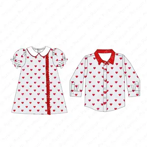 ملابس عيد الحب الشقيقة المخصصة المطابقة للقلوب مطبوعة مطرزة ملابس أطفال فستان عيد الحب للأطفال