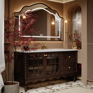 Designer French Black Vanity - Handcrafted Solid Wood <b>with</b> Brass Accents, Marble Countertop LED Mirror for Timeless Bathroom - Product Image 1