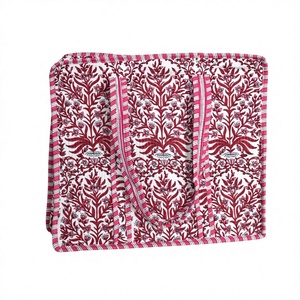 <b>White</b> and pink floral printed cotton tote <b>bag</b> with striped border quilted texture soft shoulder handles spacious handmade style - Product Image 1
