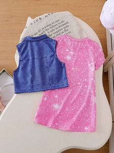 Toptan Bebek Kız Giyim Seti Kısa Kollu Karikatür Baskılı Tişört Elbise + Yelek Ceket 2 Parça Kıyafet Seti - Product Image 2