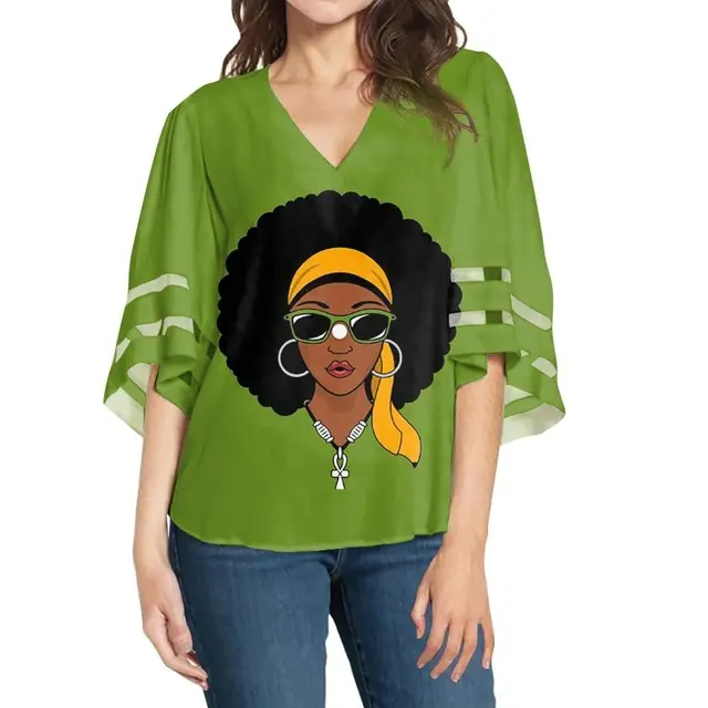 사용자 정의 의류 제조 긴 소매 블라우스 여성 아프리카 소녀 패션 V 넥 캐주얼 느슨한 탑스 S-XXL