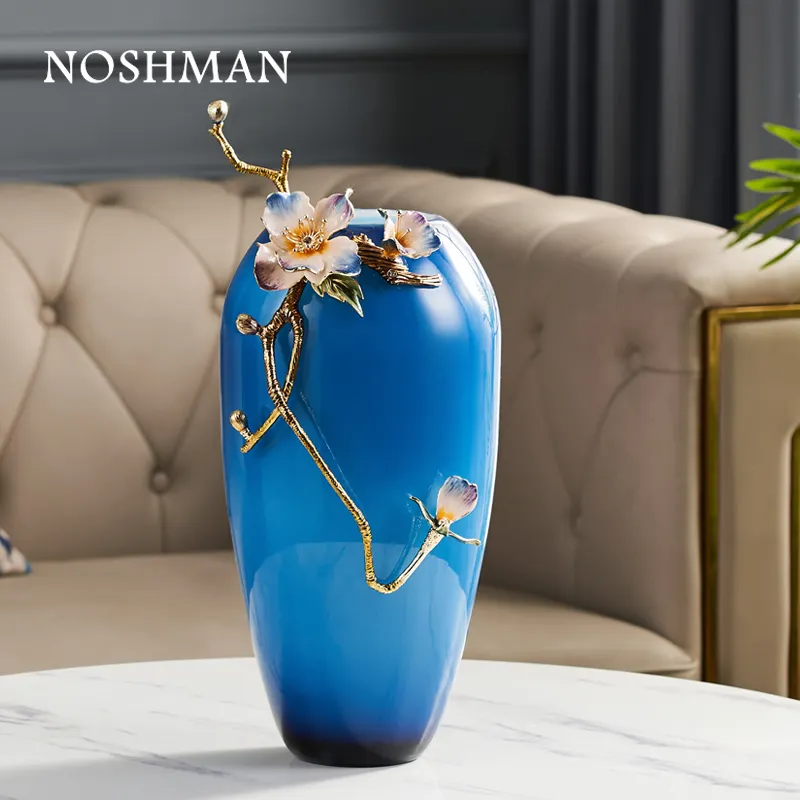 NOSHMAN Jarrones de vidrio regali aziendali alto matrimonio casa decorazione in metallo colore tavolo fiore smalto vaso di cristallo di lusso