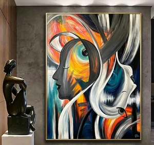 Pintura al Óleo Vibrante de Retrato Cubista, Arte en Lienzo Grueso Impasto Hecho a Mano, Arte Abstracto Multicolor con Figura Humana Texturizada para Pared - Product Image 5