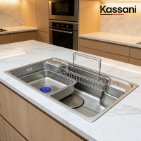 Évier de cuisine moderne multifonction en acier inoxydable 304 brossé, cuve unique avec petit bac d'égouttage, motif grain de riz en relief