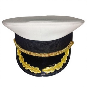 White Cotton Officer <b>Hat</b> with Single Row Golden Embroidered Visor 100% Wool Casual Scene Applicable - Product Image 1