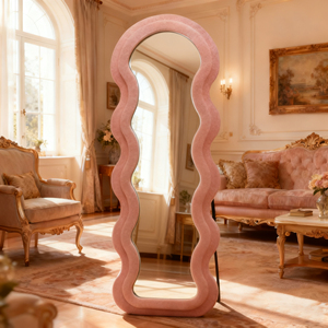 <span class=keywords><strong>Espejo</strong></span> <span class=keywords><strong>Ondulado</strong></span> Irregular Elegante con Marco de Peluche, <span class=keywords><strong>Espejo</strong></span> de Cuerpo Entero para Baño y Decoración de Pared de Sala de Estar - Product Image 2