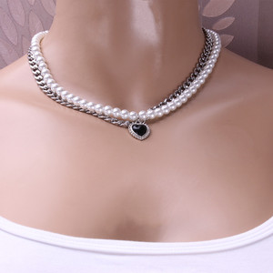<b>Titanium</b> Steel Pearl Choker Necklace With Black Heart Pendant Multi Layered Clavicle <b>Chain</b> For Party Fashion Jewelry - Product Image 3
