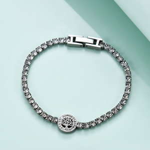 Pulsera de cadena empalmada con incrustaciones de circonita europea americana de 3 mm, de acero inoxidable, con árbol de la vida redondo de 10 mm para mujer - Product Image 2