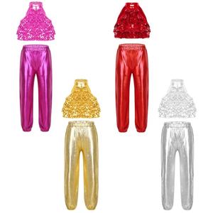 6-16 Kids Girls Standard Ballroom Competition Dancing <b>Crop</b> <b>Top</b> With <b>Metallic</b> Pants For Competition Stage Performance School Show - Product Image 1