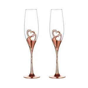 Copas de champán con logotipo personalizado, base de copa de Metal para boda, con forma de corazón de diamante