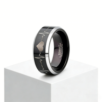 Anillo de boda de carburo de tungsteno de 8 mm al por mayor con grabado de electrocardiograma (ECG) de latido de corazón, negro y plateado, con borde biselado