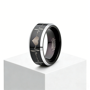Anillo de boda de carburo de tungsteno de 8 mm al por mayor con grabado de electrocardiograma (ECG) de latido de corazón, negro y plateado, con borde biselado - Product Image 4