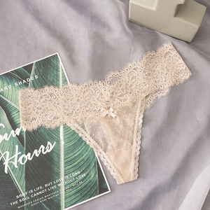 กางเกงชั้นในจีสตริงลูกไม้สีพื้นประดับโบว์เอวต่ำซีทรูสำหรับผู้หญิงขายส่ง ชุดชั้นในเซ็กซี่สำหรับใส่ทุกวัน รับผลิตแบบ OEM ODM - Product Image 4
