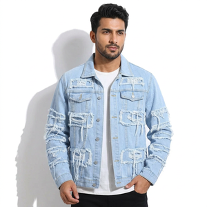 Tendance Mode Homme : Veste en jean coupe-vent à col montant, déchirée, style urbain décontracté pour jeune, simple boutonnage, avec empiècements, 100% Coton - Product Image 1