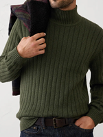 Pull col roulé élégant pour homme, en maille côtelée douce et chaude, avec logo frontal, idéal pour l'automne et l'hiver, style décontracté.