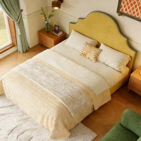 Lit Rétro Français en Bois Massif, Taille Queen, Moderne et Simple, Tissu Jaune Antique, Design en Flanelle, pour Chambre Parentale