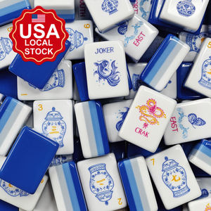 En Stock: Fichas de Mahjong Acrílicas Azules y Blancas al por Mayor para Fiestas y Viajes con Dados Gratis y Bolsa Portátil - Product Image 1