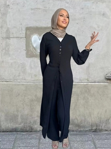 Abaya in Stile Turco per <span class=keywords><strong>Donna</strong></span>, Tinta Unita, Primavera 2026, Top Casual con Bottoni, <span class=keywords><strong>Pantaloni</strong></span> Dritti, Ispirazione Dubai, in Poliestere Traspirante - Product Image 3