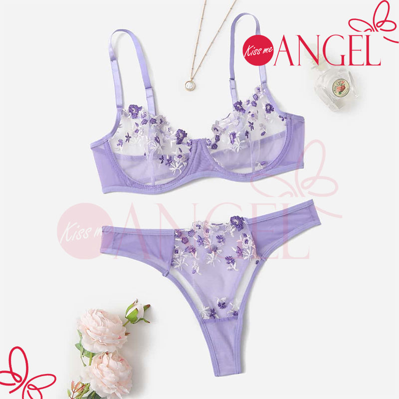 Kiss me anjo tendência design transparente, floral, bordado