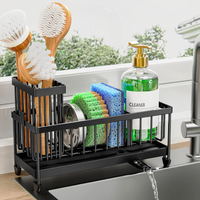 Organisateur d'évier auto-drainant en acier inoxydable avec porte-brosse haute et plateau d'égouttage, support d'éponge pour comptoir de cuisine