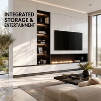 Meuble mural multimédia intégré sur mesure de luxe 2026 avec cheminée électrique intégrée et meuble TV pour projets de villas et salons
