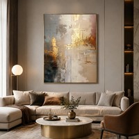 Peinture à l'huile abstraite verticale de luxe faite à la main en acrylique avec feuille d'or neutre, texture épaisse, sur toile encadrée, pour entrée de villa
