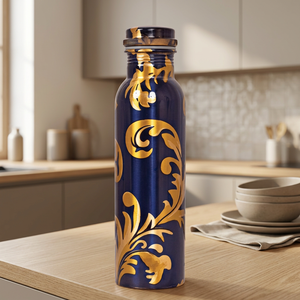 Bouteille d'eau vintage en métal bleu et or à motif floral, portable, avec couvercle - Product Image 2
