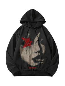 Sweat-shirt à capuche pour homme, automne, broderie graphique, style hip-hop, surdimensionné, polyester/coton, manches longues, noir - Product Image 5