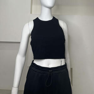 ODM High Quality <b>Black</b> Crew Neck Ribbed H-Shaped Back Crop Tanks <b>Tshirt</b> for <b>Women</b> - Product Image 5