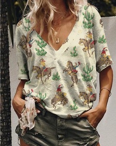 <span class=keywords><strong>T</strong></span>-<span class=keywords><strong>shirt</strong></span> décontracté pour <span class=keywords><strong>femme</strong></span> style western vintage avec motif cactus, <span class=keywords><strong>col</strong></span> en <span class=keywords><strong>V</strong></span>, manches courtes, pour le quotidien - Product Image 2