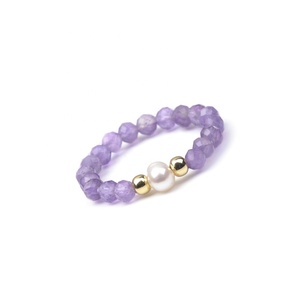 Cliobeads Single Freshwater Pearl and 3mm Faceted Chrysocolla <strong>Aquamarine</strong> Moonstone Azurite Stretchable Natural <strong>Stone</strong> <strong>Ring</strong> - Product Image 4