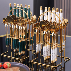 Luxury Tableware 24pcs Gold Flatware Cutlery Marble Ceramic Handle Stainless Steel Spoon Knife and Fork Set for Wedding - Product Image 1
