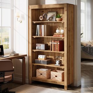 Bibliothèque en bois rustique SENYU avec 5 étagères et panneau arrière pour le rangement, idéale pour le salon ou le bureau à domicile - Product Image 3