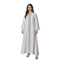 Robe Abaya ample à manches longues pour femmes, col en V, broderie géométrique, détail de pompons, décontractée, respirante, modeste, en polyester