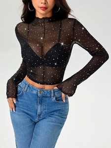 Europe et Amérique 2026 Printemps/Automne Nouveau T-<span class=keywords><strong>shirt</strong></span> Haut <span class=keywords><strong>Femme</strong></span> à Col Montant Fin, Manches Longues, en Maille Transparente et Paillettes - Product Image 3