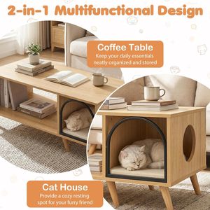 SENYU Wooden Coffee <b>Table</b> <b>with</b> Cat Bed House Multifunctional <b>Storage</b> Bookshelf <b>Side</b> <b>Table</b> <b>for</b> <b>Living</b> <b>Room</b> Cats - Product Image 3