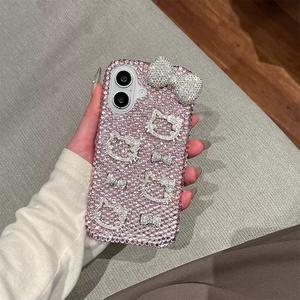 Nueva funda de teléfono móvil de lujo con diamantes de imitación y bonito lazo de gato para iPhone 17 Air 16 13 14 12 Pro Max 15 Plus DIY cubierta brillante de diamante completo - Product Image 5