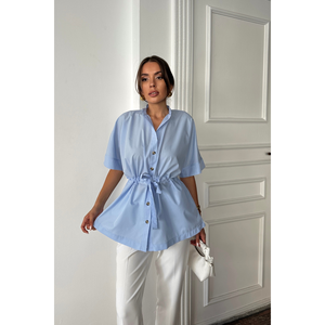 Camisa de Popelina con Detalle de Fruncido en la Cintura, Color Azul Oscuro, Blusa de Mujer, Manga Corta, Cierre de Botones, Cinturón Ajustable, Talla S - Product Image 2