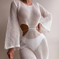 En stock Robe de plage ajourée à manches longues pour femme, Cache-maillot de bain au crochet, Protection solaire