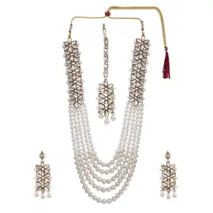 Indiase Multi Gelaagde Bollywood Traditionele Faux Kundan Parel Kralen Bridal Ketting Oorbellen Maangtika Bruiloft Sieraden Set