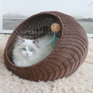 Lit pour chat moderne en rotin tressé à la main, amovible pour l'intérieur, en forme de coquille, semi-ouvert, avec décoration de boule suspendue - Product Image 4