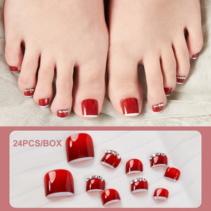 24 pièces ongles d'orteil français rouges avec <span class=keywords><strong>strass</strong></span> Nude blanc rose court carré faux ongles d'orteil couverture complète ongles de <span class=keywords><strong>pied</strong></span> conseils - Product Image 3