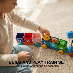 Giocattoli Montessori per l'apprendimento precoce dei bambini, trenino con animali della fattoria, 10 marionette da dito, giocattoli per ordinare, contare e abbinare - Product Image 5