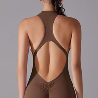 Combinaison de sport une pièce pour femme, dos ouvert, fermeture éclair avant, effet froncé, en spandex, sans manches, respirante, pour yoga et entraînement