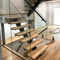 Escalier d'intérieur moderne flottant avec lumière LED, rampe droite en verre pour appartement, sous-sol, escalier d'intérieur préfabriqué en bois