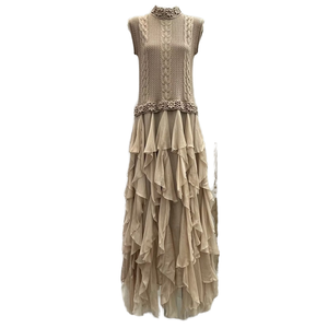 Vestido Maxi de Lujo de Alta Calidad con Cintura Imperio, de Lana Tejida y Seda con Retazos, Volantes en Cascada y Estampado Floral, Estilo Vintage para Mujer - Nueva Colección Primavera - Product Image 1