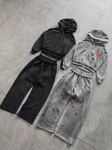 Tùy chỉnh Heavyweight Tracksuit đau khổ axit rửa Flared Sweatpants hoodie Set người đàn ông - Product Image 1